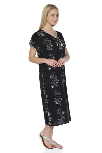 Kısa Kol Şile Bezi Baskılı Zambak Desen Midi Boy Yazlık Elbise Siyah Syh XL Siyah - Resim 4