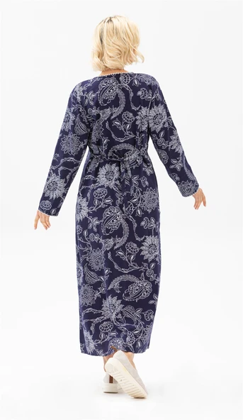 Uzun Kol Şile Bezi Baskılı Uzun Yazlık Elbise Çınar Desen Mor Mor 2XL Mor - Resim 2
