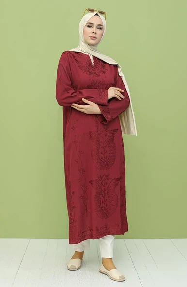 Uzun Kol Şile Bezi Simli Kaftan Midi Boy Yazlık Elbise Bordo Brd XL Bordo - Resim 5