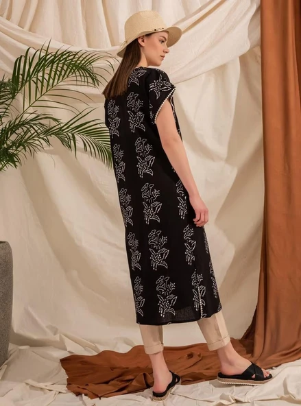 Kısa Kol Şile Bezi Baskılı Zambak Desen Midi Boy Yazlık Elbise Siyah Syh XL Siyah - Resim 11