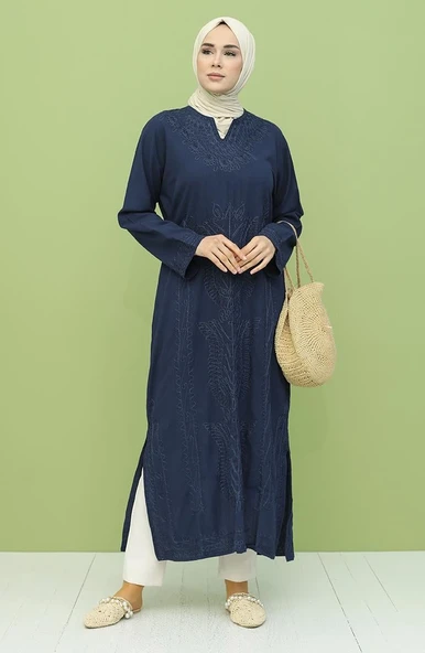 Uzun Kol Şile Bezi Simli Kaftan Midi Boy Yazlık Elbise Lacivert Lcvt L Lacivert - Resim 5