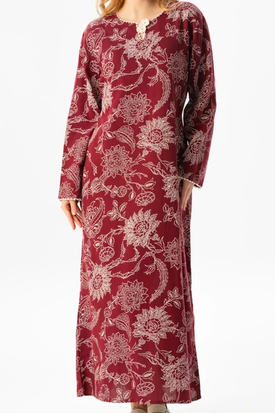 Uzun Kol Şile Bezi Baskılı Uzun Yazlık Elbise Çınar Desen Bordo Brd 2XL Bordo - Resim 3