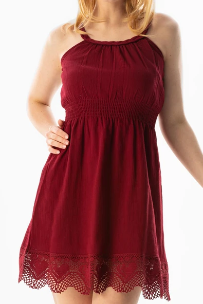 Askılı Şile Bezi Örgülü Mini Yazlık Elbise Bordo Brd XL Bordo - Resim 3