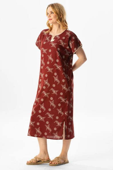 Kısa Kol Şile Bezi Baskılı Midi Boy Yazlık Elbise Serpme Desen Bordo Brd XL Bordo - Resim 5