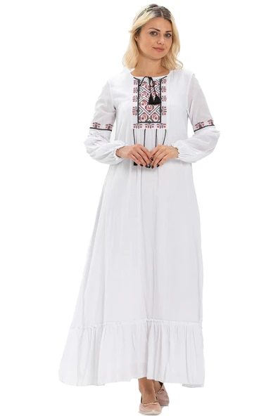 Uzun Kol Şile Bezi Seher Uzun Tesettür Elbise Beyaz Byz 2XL Beyaz - Resim 5