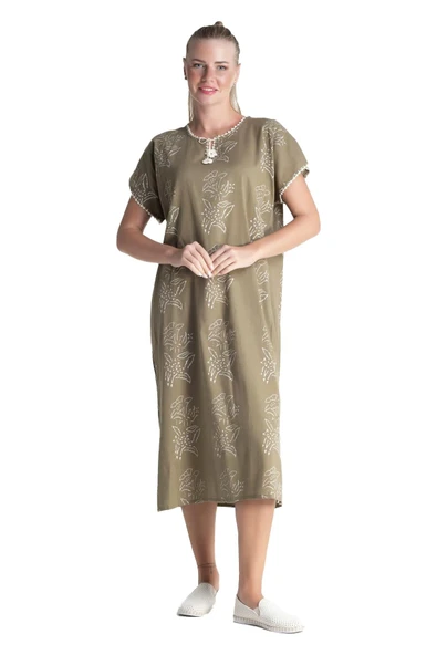 Kısa Kol Şile Bezi Baskılı Zambak Desen Midi Boy Yazlık Elbise Haki Hk L Haki - Resim 7