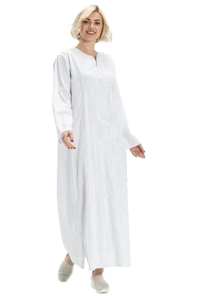 Uzun Kol Şile Bezi Simli Kaftan Midi Boy Yazlık Elbise Beyaz Byz 2XL Beyaz - Resim 6