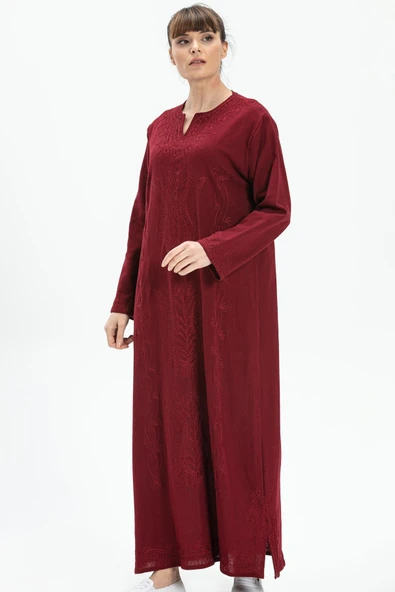 Uzun Kol Şile Bezi Simli Kaftan Midi Boy Yazlık Elbise Bordo Brd 3XL Bordo - Resim 4