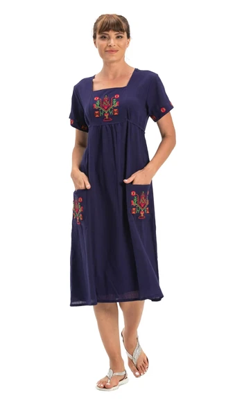 Kısa Kol Şile Bezi Melek Midi Boy Yazlık Otantik Elbise Mor Mor 2XL Mor - Resim 6