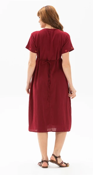 Kısa Kol Şile Bezi Melek Midi Boy Yazlık Otantik Elbise Bordo Brd XL Bordo - Resim 3