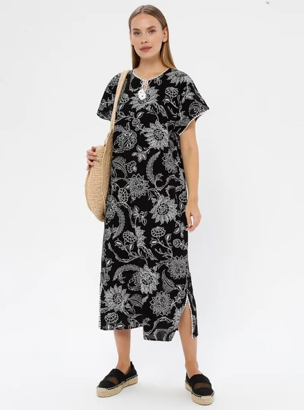 Kısa Kol Şile Bezi Baskılı Uzun Yazlık Elbise Çınar Desen Siyah Syh XL Siyah - Resim 12