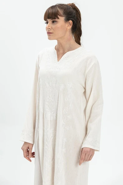 Uzun Kol Şile Bezi Simli Kaftan Midi Boy Yazlık Elbise Krem Krm 3XL Krem - Resim 3