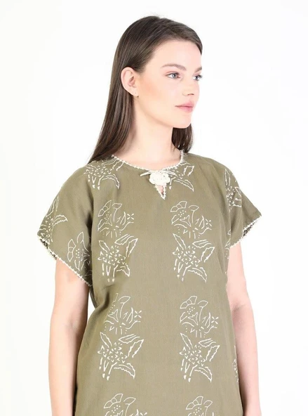 Kısa Kol Şile Bezi Baskılı Zambak Desen Midi Boy Yazlık Elbise Haki Hk L Haki - Resim 10