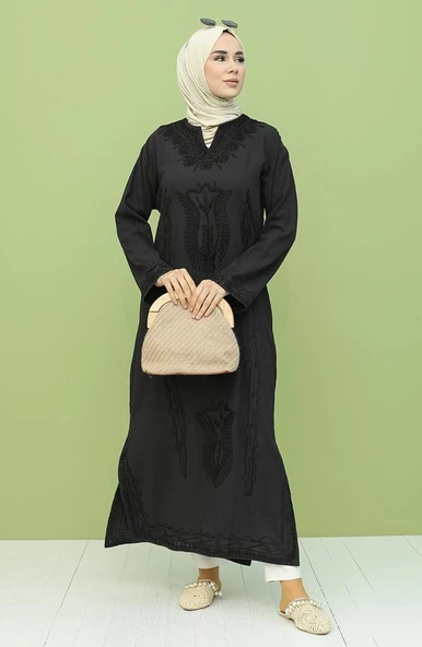 Uzun Kol Şile Bezi Simli Kaftan Midi Boy Yazlık Elbise Siyah Syh XL Siyah - Resim 5
