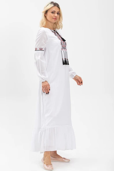 Uzun Kol Şile Bezi Seher Uzun Tesettür Elbise Beyaz Byz XL Beyaz - Resim 4