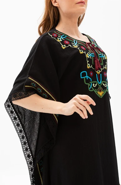 Kısa Kol Şile Bezi Gülseren Uzun Yazlık Otantik Elbise Siyah Syh - Resim 5