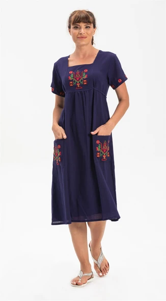 Kısa Kol Şile Bezi Melek Midi Boy Yazlık Otantik Elbise Lacivert Lcvt L Lacivert ürün görseli