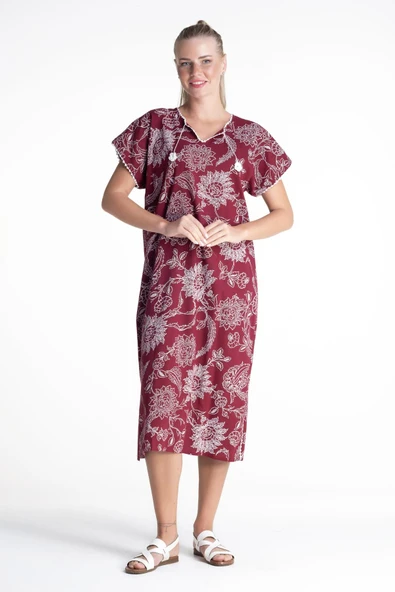 Kısa Kol Şile Bezi Baskılı Uzun Yazlık Elbise Çınar Desen Bordo Brd XL Bordo ürün görseli