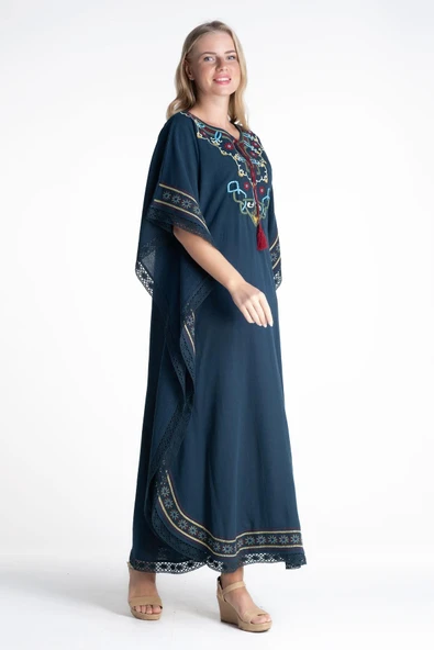 Kısa Kol Şile Bezi Gülseren Uzun Yazlık Otantik Elbise Petrol Ptrl - Resim 6