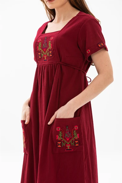 Kısa Kol Şile Bezi Melek Midi Boy Yazlık Otantik Elbise Bordo Brd XL Bordo - Resim 5