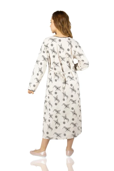 Uzun Kol Şile Bezi Baskılı Uzun Yazlık Elbise Serpme Desen Taş Tas L Taş - Resim 2