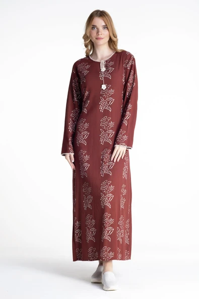 Uzun Kol Şile Bezi Baskılı Uzun Zambak Desen Yazlık Elbise Bordo Brd 2XL Bordo ürün görseli