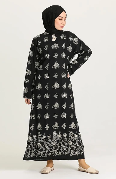 Uzun Kol Pamuk Taş Baskı Çıtır Desen Yazlık Etnik Elbise Siyah Syh L Siyah-Beyaz - Resim 5