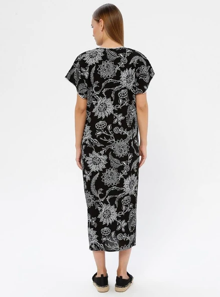Kısa Kol Şile Bezi Baskılı Uzun Yazlık Elbise Çınar Desen Siyah Syh XL Siyah - Resim 10