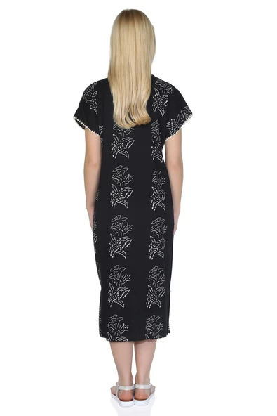 Kısa Kol Şile Bezi Baskılı Zambak Desen Midi Boy Yazlık Elbise Siyah Syh XL Siyah - Resim 2
