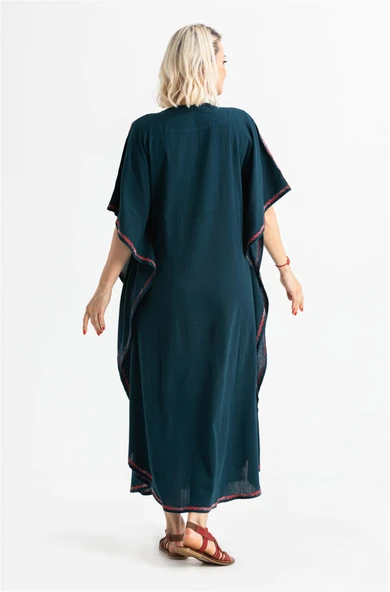 Kısa Kol Şile Bezi Tibet Uzun Yazlık Otantik Elbise Petrol Ptrl M Petrol - Resim 2