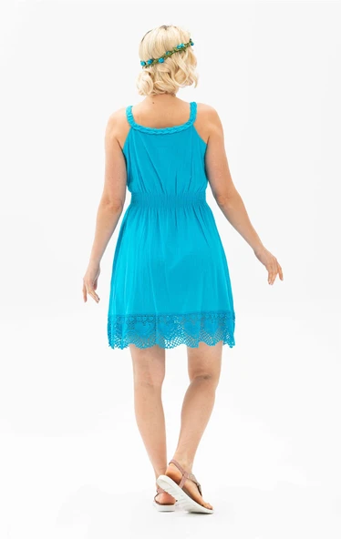 Askılı Şile Bezi Örgülü Mini Yazlık Elbise Turkuaz Trkz XL Turkuaz - Resim 2