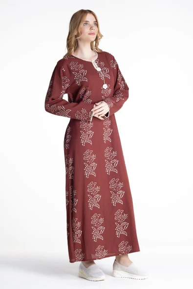 Uzun Kol Şile Bezi Baskılı Uzun Zambak Desen Yazlık Elbise Bordo Brd 2XL Bordo - Resim 4