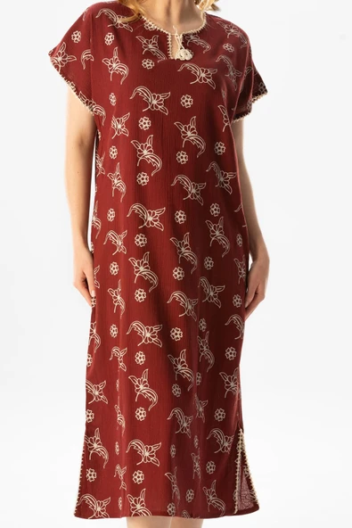 Kısa Kol Şile Bezi Baskılı Midi Boy Yazlık Elbise Serpme Desen Bordo Brd 2XL Bordo - Resim 3