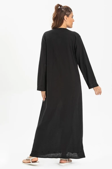 Uzun Kol Şile Bezi Simli Kaftan Midi Boy Yazlık Elbise Siyah Syh XL Siyah - Resim 2