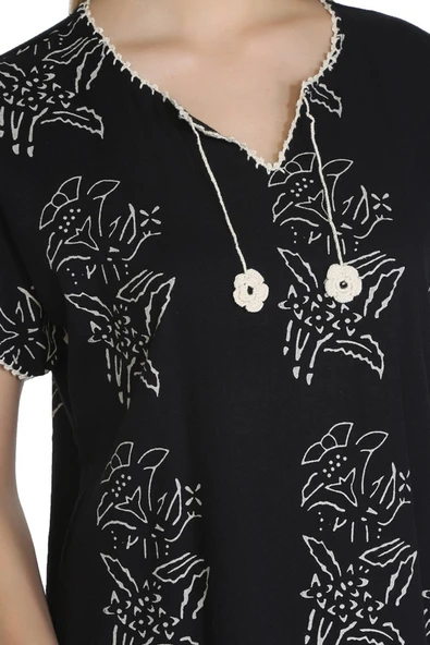 Kısa Kol Şile Bezi Baskılı Zambak Desen Midi Boy Yazlık Elbise Siyah Syh XL Siyah - Resim 3