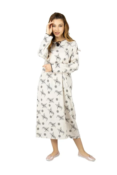 Uzun Kol Şile Bezi Baskılı Uzun Yazlık Elbise Serpme Desen Taş Tas L Taş - Resim 6