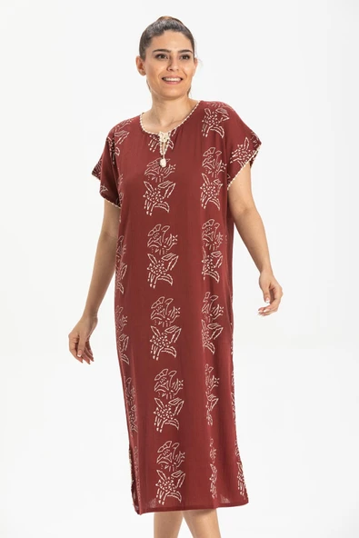 Kısa Kol Şile Bezi Baskılı Zambak Desen Midi Boy Yazlık Elbise Bordo Brd 2XL Bordo - Resim 4