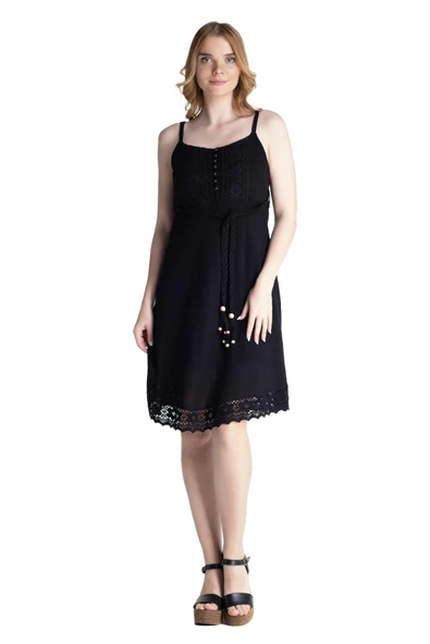 Askılı Şile Bezi Eda Kısa Yazlık Elbise Siyah Syh XS Siyah - Resim 8