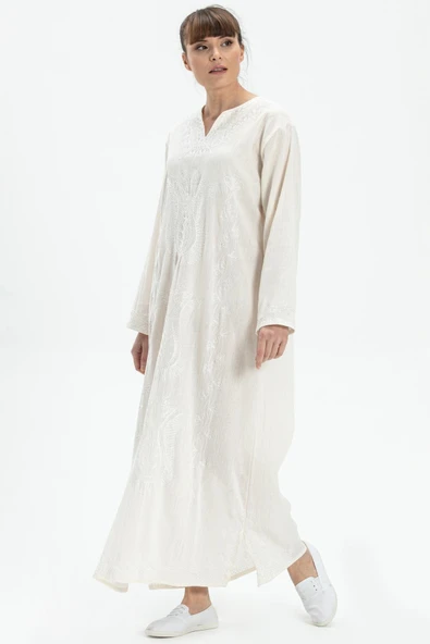 Uzun Kol Şile Bezi Simli Kaftan Midi Boy Yazlık Elbise Krem Krm 3XL Krem ürün görseli