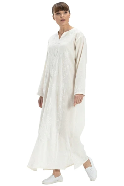 Uzun Kol Şile Bezi Simli Kaftan Midi Boy Yazlık Elbise Krem Krm XL Krem - Resim 6