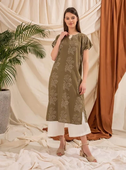 Kısa Kol Şile Bezi Baskılı Zambak Desen Midi Boy Yazlık Elbise Haki Hk - Resim 11