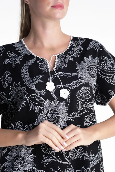 Kısa Kol Şile Bezi Baskılı Uzun Yazlık Elbise Çınar Desen Siyah Syh XL Siyah - Resim 3