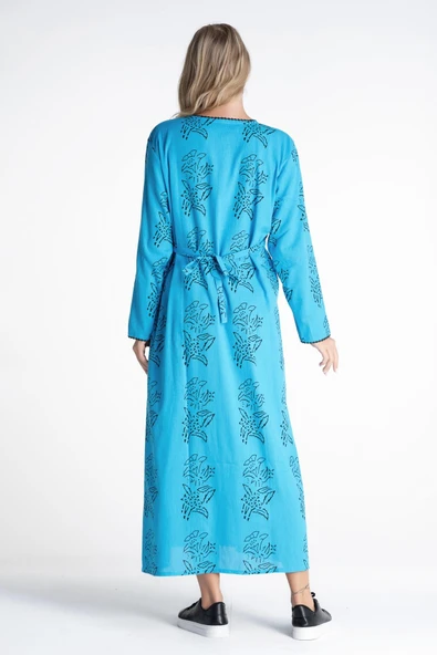 Uzun Kol Şile Bezi Baskılı Uzun Zambak Desen Yazlık Elbise Turkuaz Trkz XL Turkuaz - Resim 2