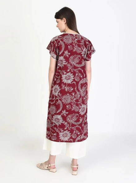 Kısa Kol Şile Bezi Baskılı Uzun Yazlık Elbise Çınar Desen Bordo Brd XL Bordo - Resim 9