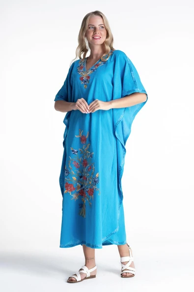 Kısa Kol Şile Bezi Tibet Uzun Yazlık Otantik Elbise Turkuaz Trkz L Turkuaz - Resim 5