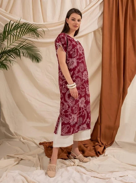 Kısa Kol Şile Bezi Baskılı Uzun Yazlık Elbise Çınar Desen Bordo Brd XL Bordo - Resim 12