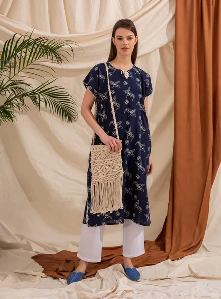 Kısa Kol Şile Bezi Baskılı Midi Boy Yazlık Elbise Serpme Desen Lacivert Lcvt L Lacivert - Resim 11