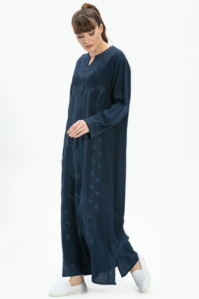 Uzun Kol Şile Bezi Simli Kaftan Midi Boy Yazlık Elbise Lacivert Lcvt M Lacivert - Resim 4