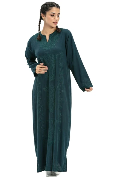 Uzun Kol Şile Bezi Simli Kaftan Midi Boy Yazlık Elbise Petrol Ptrl 2XL Petrol - Resim 7