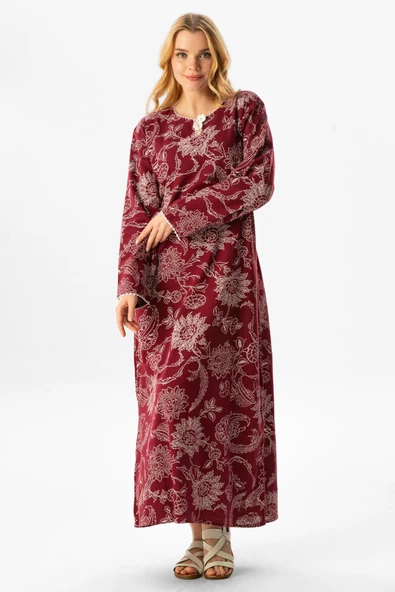 Uzun Kol Şile Bezi Baskılı Uzun Yazlık Elbise Çınar Desen Bordo Brd 2XL Bordo ürün görseli
